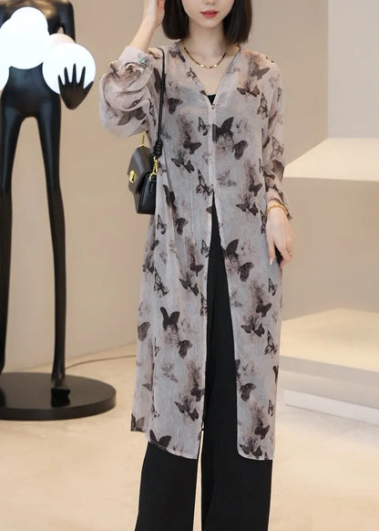 Light Brown V Neck Print Long Cardigan Summer