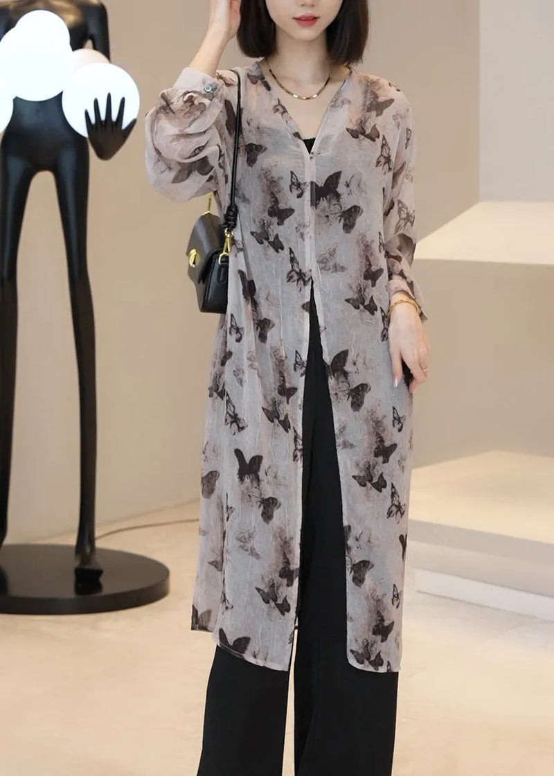 Light Brown V Neck Print Long Cardigan Summer