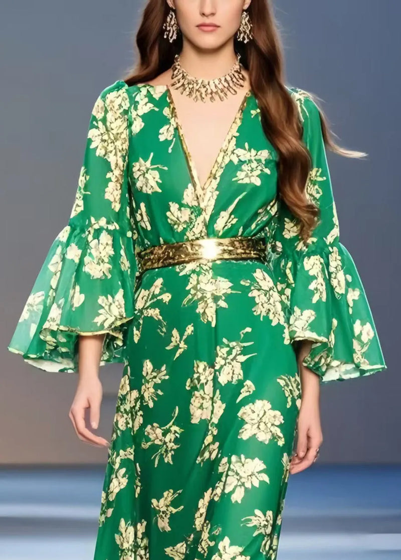Green Print Chiffon Tunic Dress Flare Sleeve