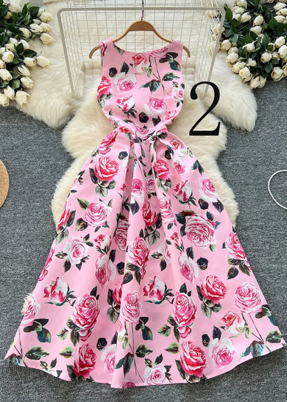 Flower Print Exra Large Hem Silk Tea Dress Sleeveless