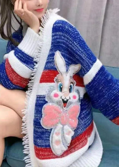 French Blue Loose Patchwork Fall Knit Sweater Cardigans