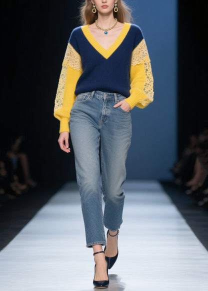 Navy Hollow Out Patchwork Lace Short Sweater Fall