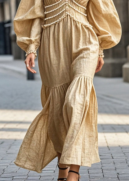Art Khaki V Neck Nail Bead Cotton Party Dress Fall