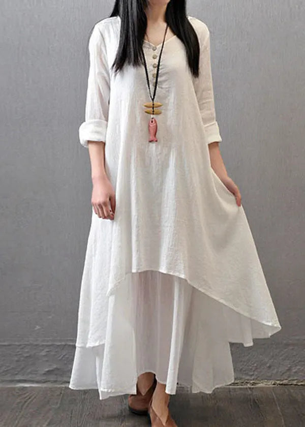 Long Sleeve Double Layers Button Asymmetric Orange Polka Dots Maxi Dress