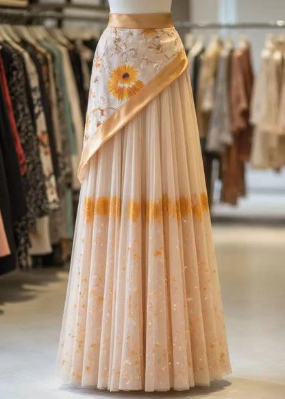 Classy Orange Print Wrinkled Patchwork False Two Pieces Tulle Skirt Summer