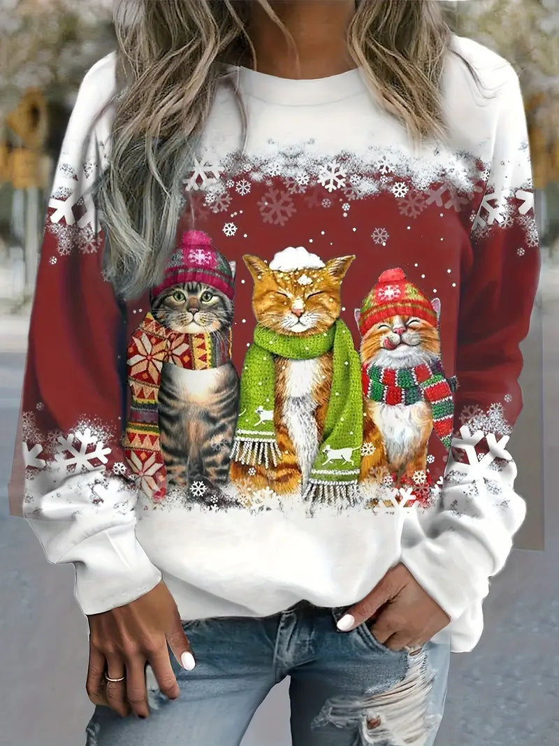 Christmas Sweater with Cat Print for Women