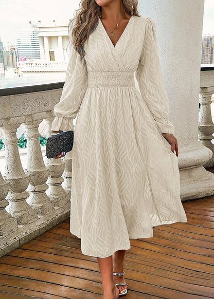 Classy Blue V Neck Jacquard Long Dresses Long Sleeve