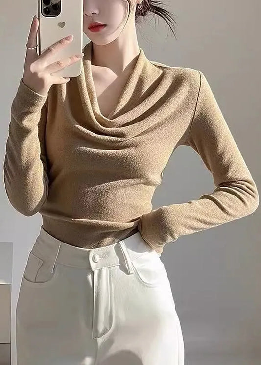 Khaki Turtle Neck Woolen Knit Top Spring