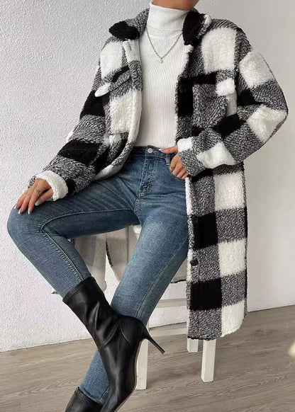Blue Peter Pan Collar Pockets Plaid Faux Fur Coats Fall