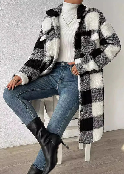 Blue Peter Pan Collar Pockets Plaid Faux Fur Coats Fall