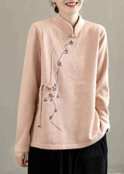 Beige Stand Collar Embroidered Chinese Style Knit Tops Spring