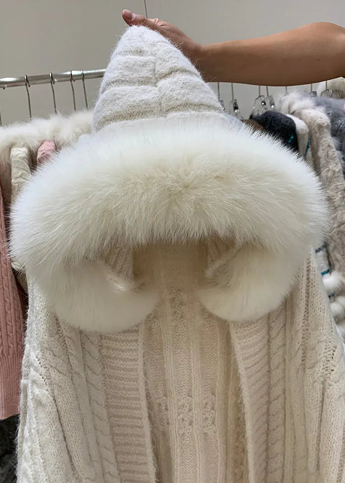 Beige Hooded Pockets Patchwork Knit Cardigan Winter