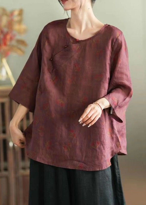 Retro Wine Red Print Tops and Pants Patchwork Linen Two Pieces Set Summer