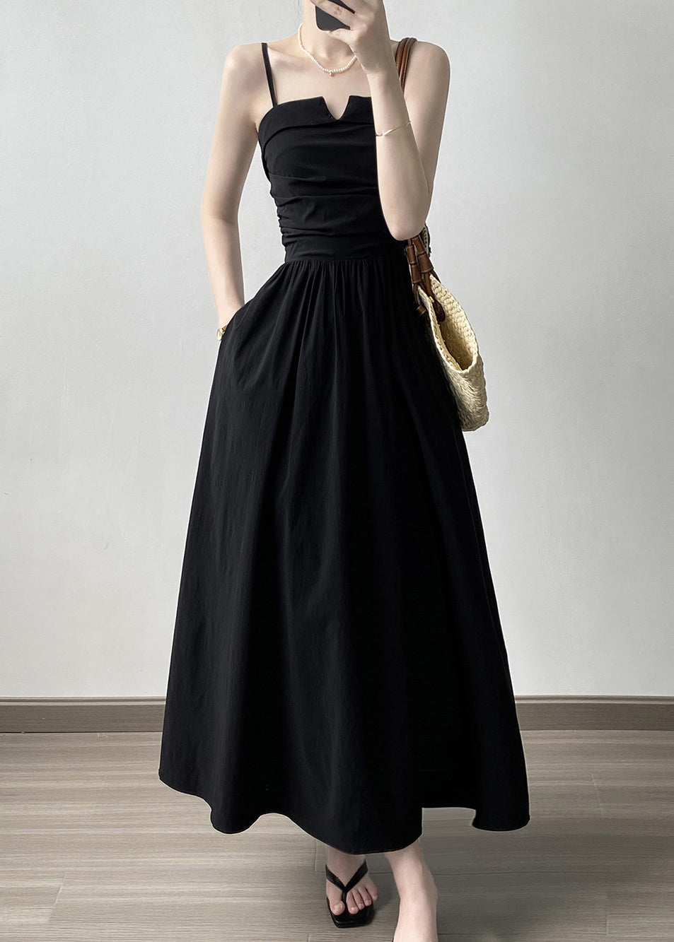 Black Wrinkled Patchwork Cotton Spaghetti Strap Dress Sleeveless
