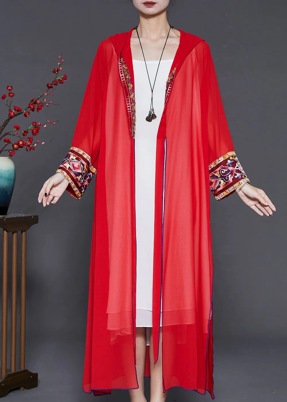 Red Embroidered Side Open Chiffon Hooded Cardigan Summer