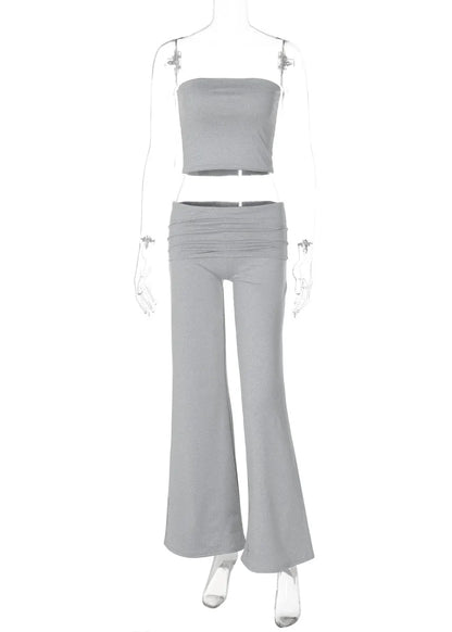 Slim Fit Grey Strapless and Pants Cotton Two Piece Set Summer