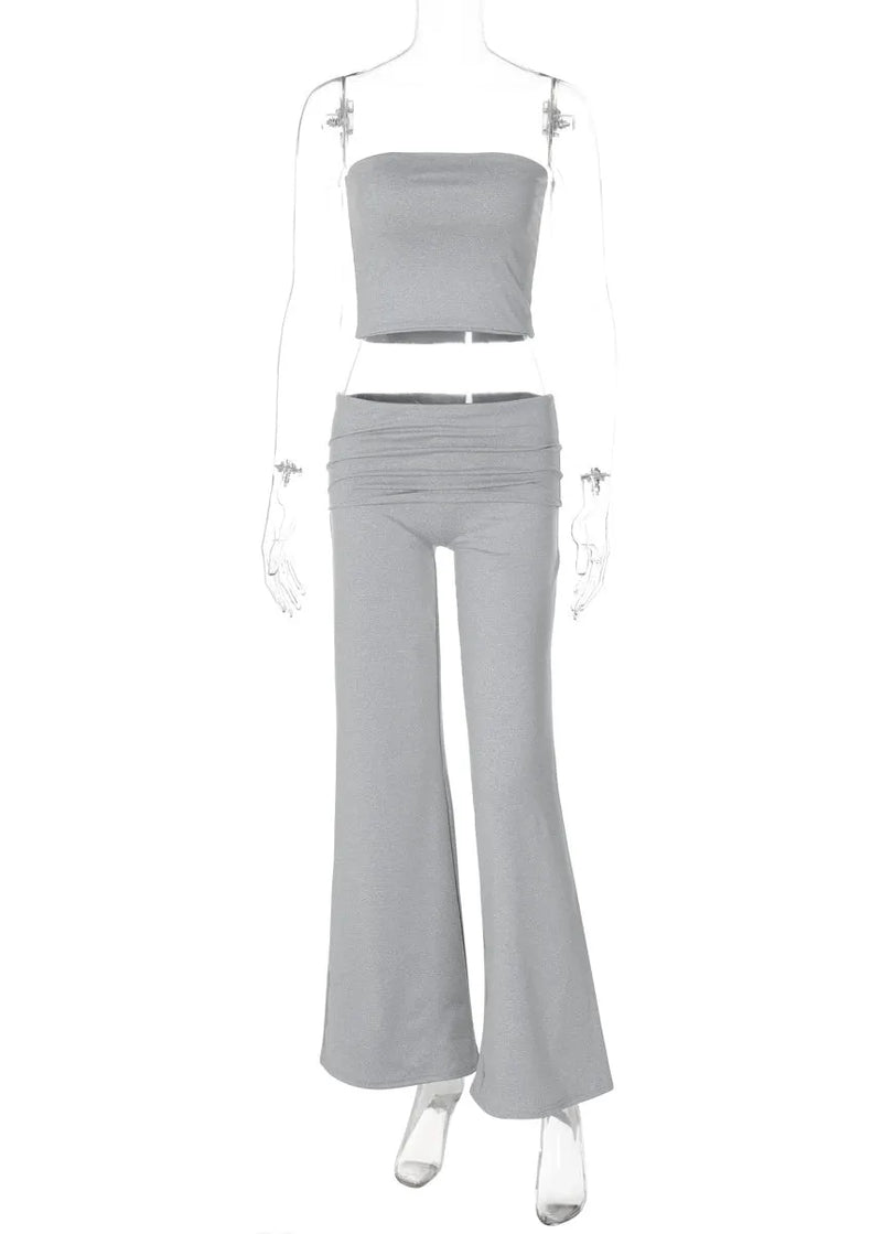 Slim Fit Grey Strapless and Pants Cotton Two Piece Set Summer