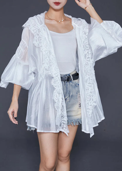 White Hooded Lace Patchwork Silk Cardigans Lantern Sleeve