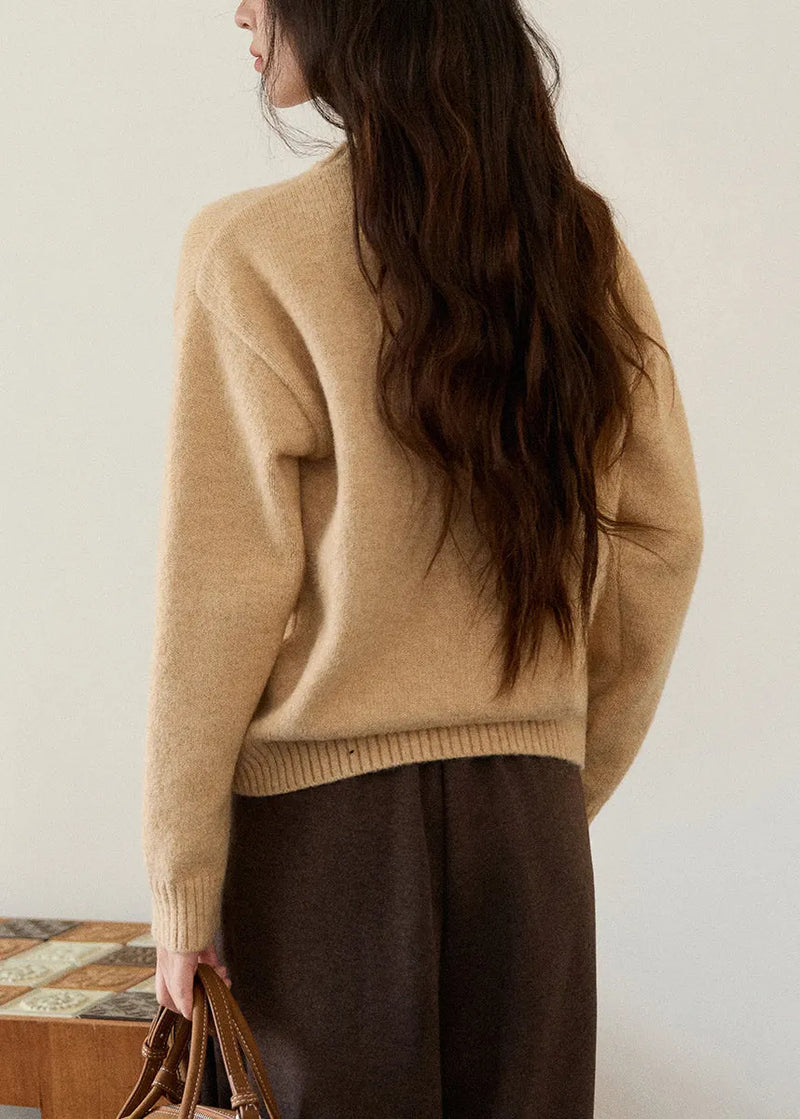 Khaki O Neck Animal Knit Sweater Winter