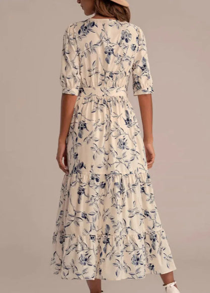 New V Neck Print High Waist Cotton Maxi Dress Summer