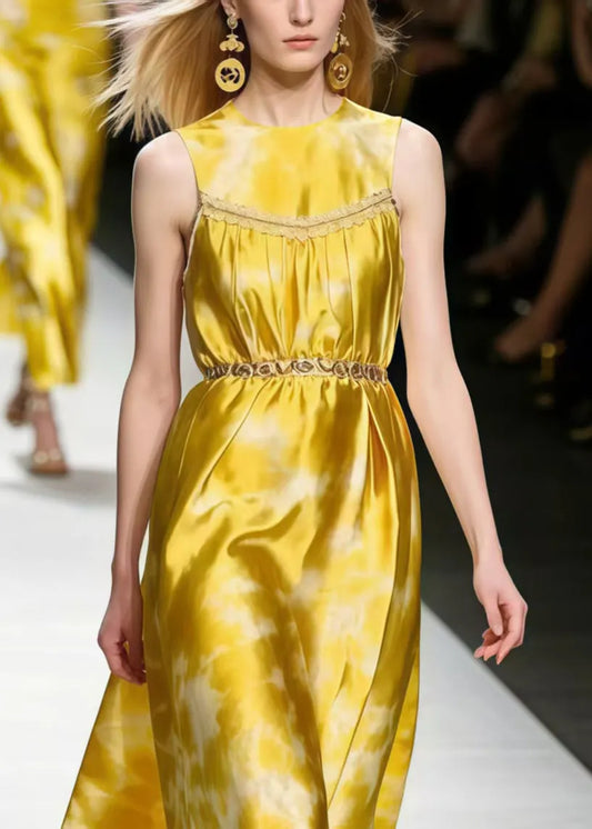 Boutique Yellow Tie Dye Silk Holiday Dress Sleeveless