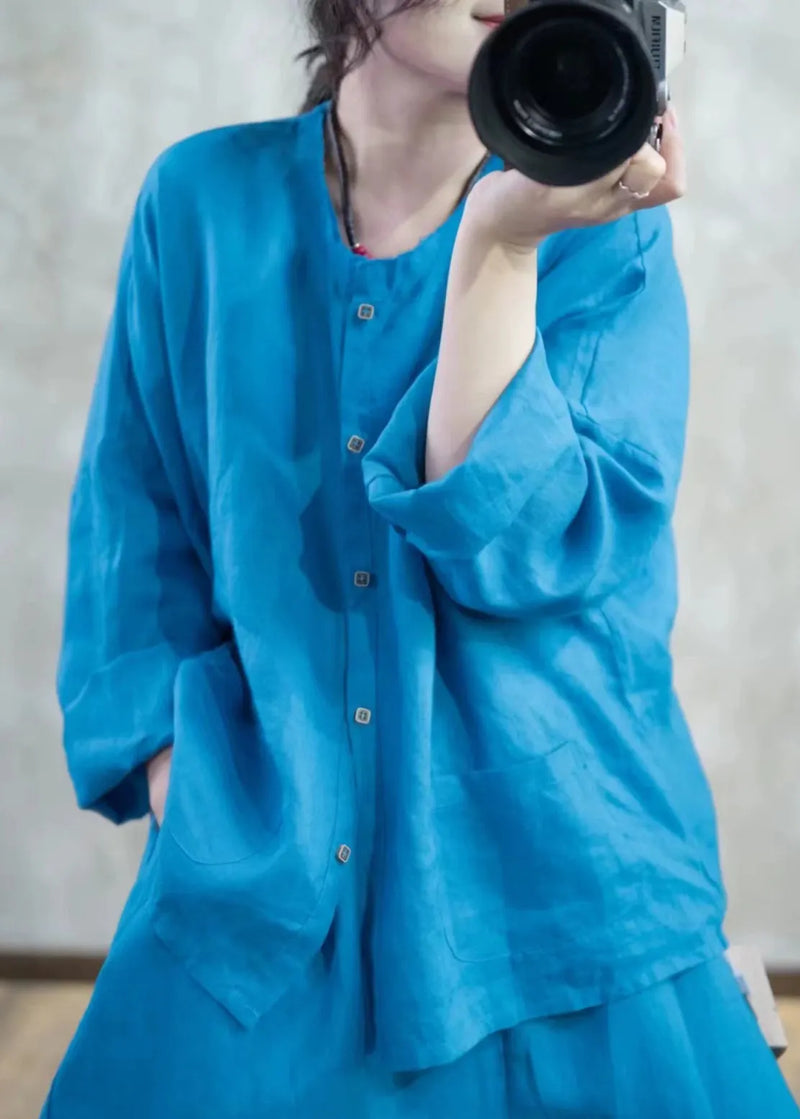 Blue O Neck Button Pockets Linen Shirt Top Spring