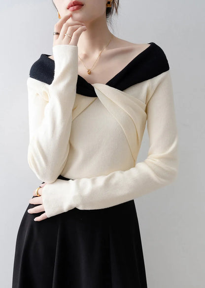 New Beige Slash Neck Slim Cross Knit Top Spring