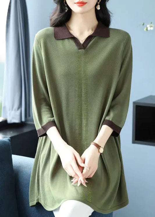Green Hign Neck Ice Silk Knit Shirt Top Bracelet Sleeve