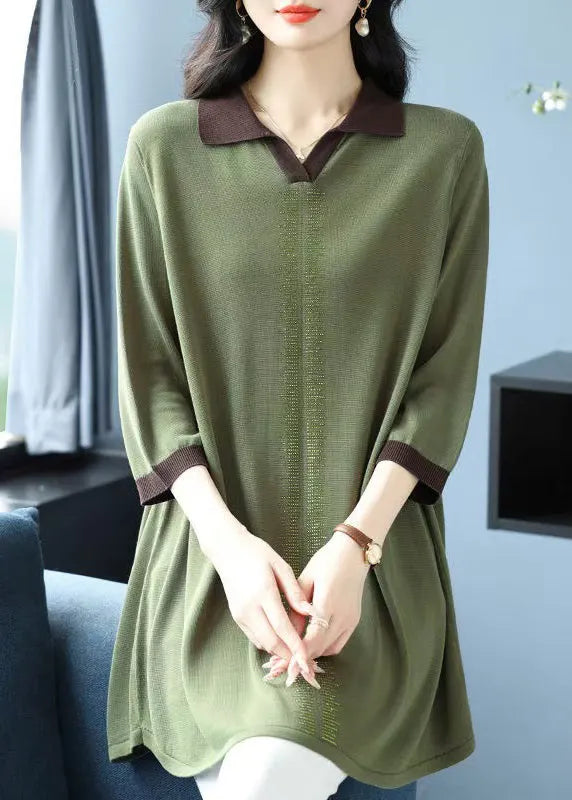 Green Hign Neck Ice Silk Knit Shirt Top Bracelet Sleeve