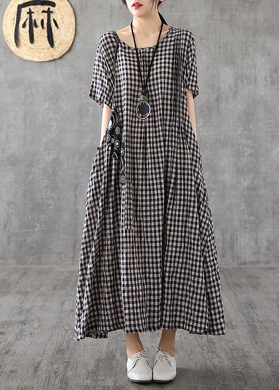 Blue Plaid Linen Dresses Summer Cotton Dress