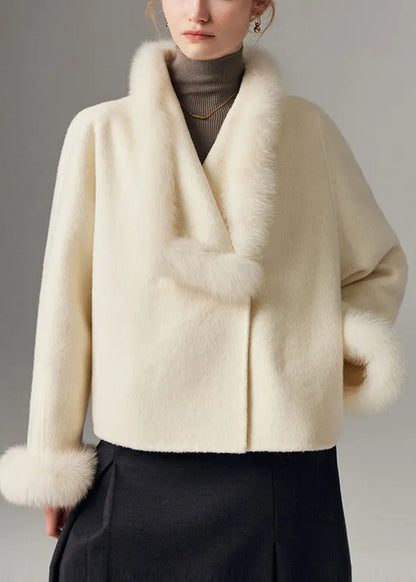 White Peter Pan Collar Patchwork Fox Fur Wool Cardigan Winter