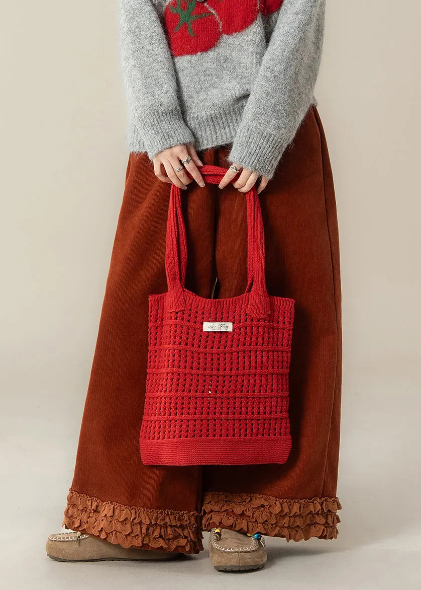 Brick Red Ruffled Oversized Corduroy Straight Pants Spring