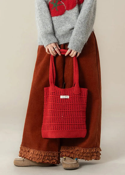 Brick Red Ruffled Oversized Corduroy Straight Pants Spring
