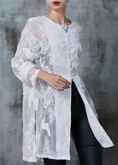 White Embroidered Chiffon Upf 50+ Long Shirt Summer