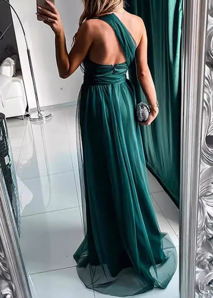 Stylish Blackish Green One Shoulder Backless Tulle Long Dress Summer