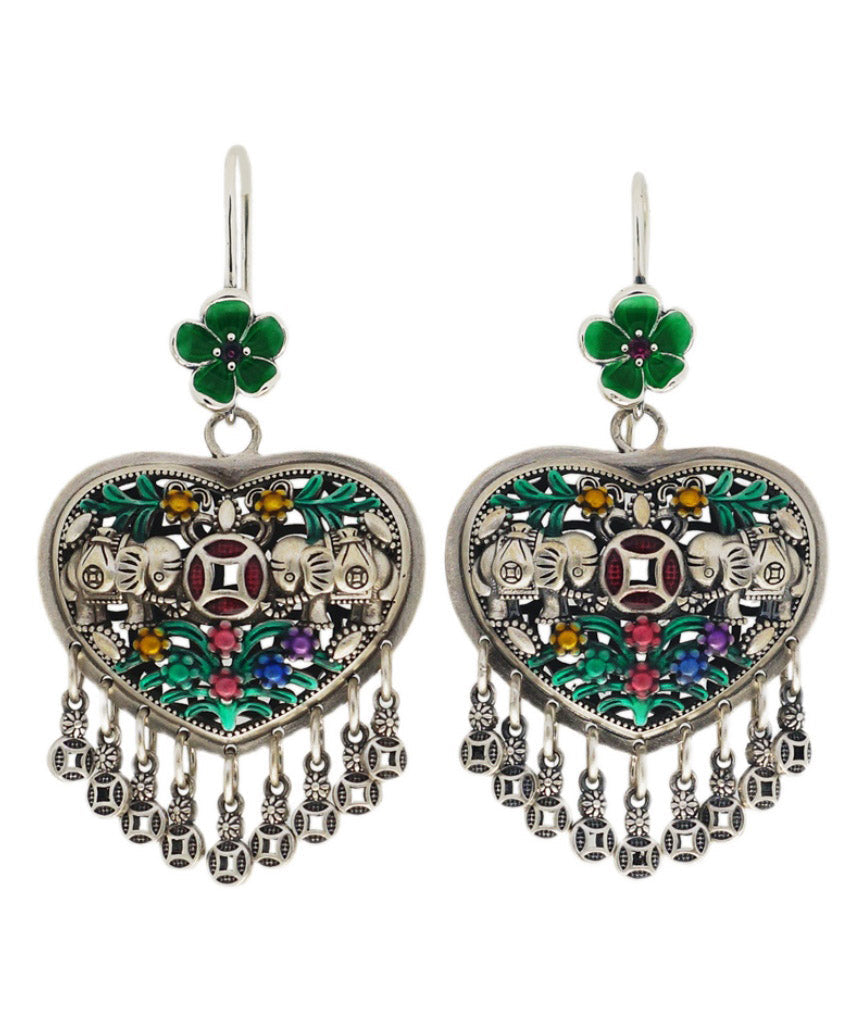 Green Sterling Silver Heart Tassel Drop Earrings