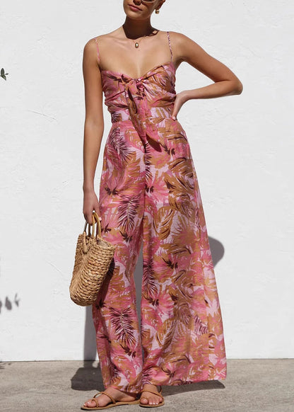 Red Print Cotton Spaghetti Strap Jumpsuit Summer