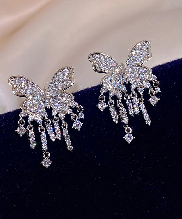 White Sterling Silver Alloy Zircon Butterfly Tassel Drop Earrings