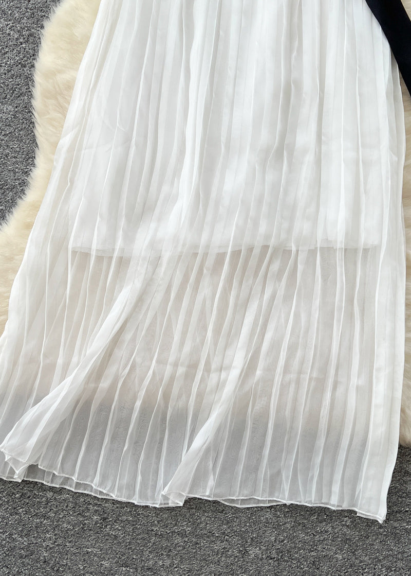 White Bow Patchwork Chiffon Pleated Cami Dress Summer