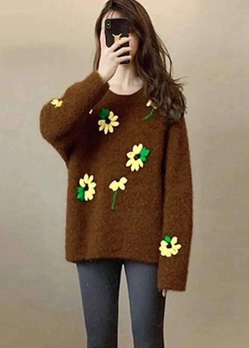 Unique Brown Oversized Lace Knit Sweater Tops Winter