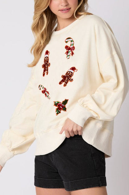 Christmas Gingerbread Man Sequin Casual Long-Sleeve Sweatshirt