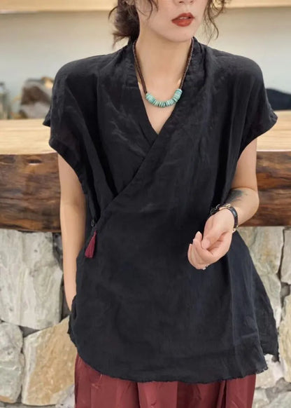Simple Black V Neck Tie Waist Tassel Top Short Sleeve