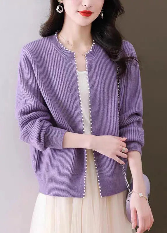Purple Nail Bead Knit Fall Cardigan O Neck