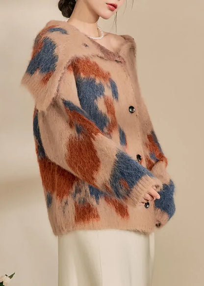 Brown Print Button Cotton Knit Cardigan Winter