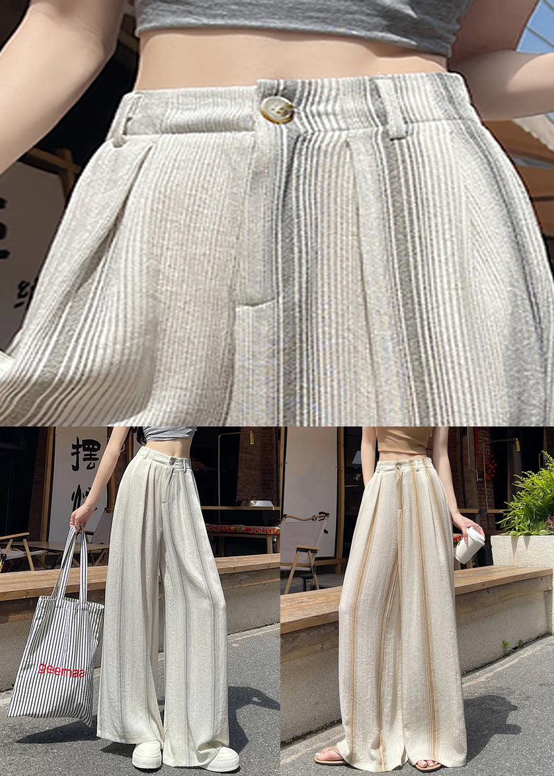 New Khaki Striped Pockets Cotton Pants Summer