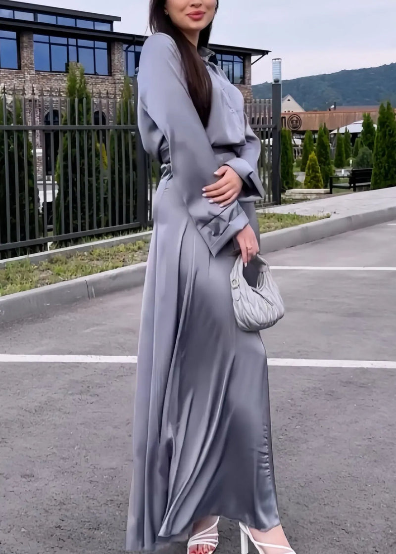 Italian Grey Peter Pan Collar Shirts and Skirts Silk Two Pieces Set Spring