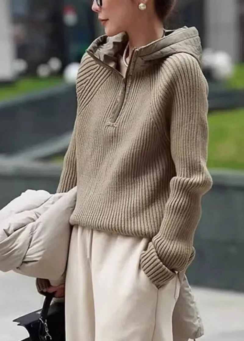 Coffee Zippered Patchwork Hooded Knit Pullover Long Sleeve