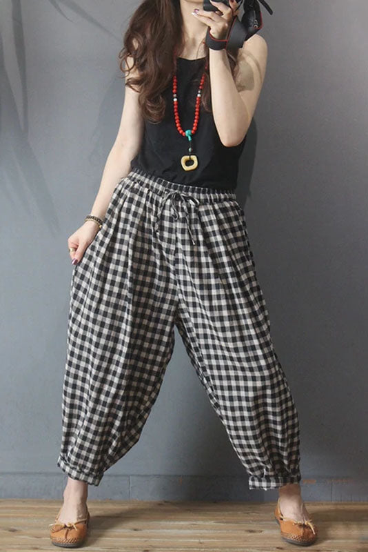 Limited Stock- Summer Plaid Drawstring Cotton Linen Harem Pants