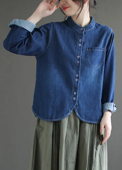 Boutique Navy O-neck Asymmetrical Patchwork Button Denim Shirt Spring