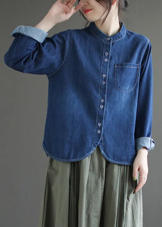 Boutique Navy O-neck Asymmetrical Patchwork Button Denim Shirt Spring